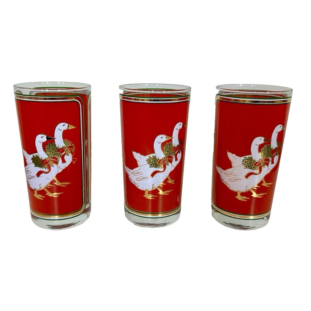 Vintage Culver Christmas Geese 12 oz Highball Glasses 22 Ct Gold - Lot of Three